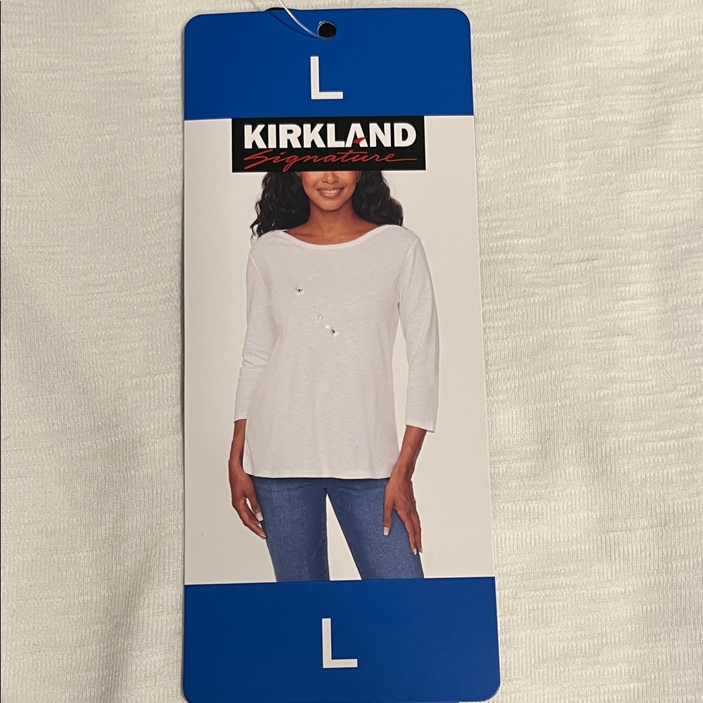 Kirkland Signature Women's White 3/4 Sleeve Boatneck Slub Tee size L